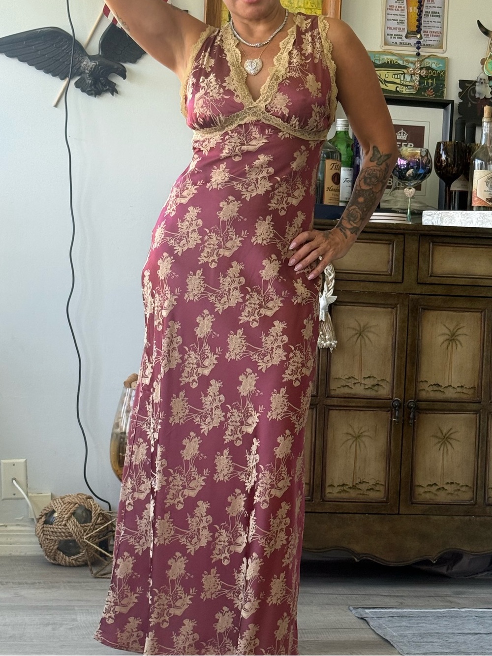 Lace-Trim Floral Slip Dress in Wine